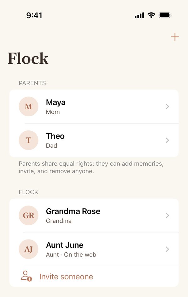 The Flock screen in Nestory: Maya and Theo as parents with equal rights, Grandma Rose and Aunt June in the flock, and an Invite someone button.